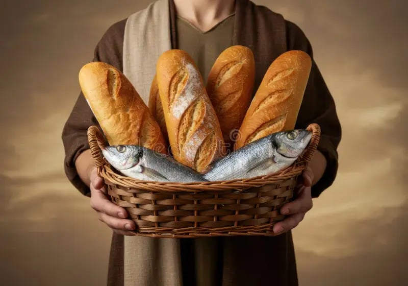 figure-ancient-robes-holds-wicker-basket-four-loaves-two-fish-against-hazy-sky-figure-ancient-robes-holds-411747024
