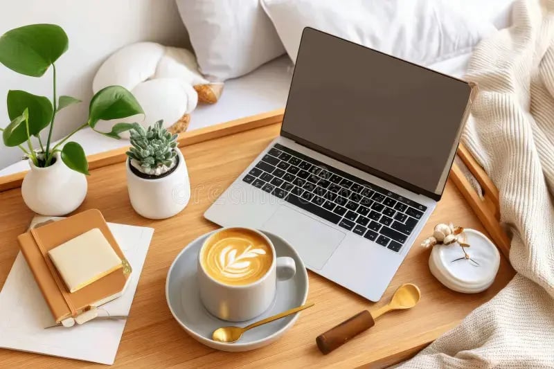 neatly-arranged-workspace-featuring-laptop-cup-latte-coffee-planner-pen-decorative-houseplants-wooden-surface-396797158